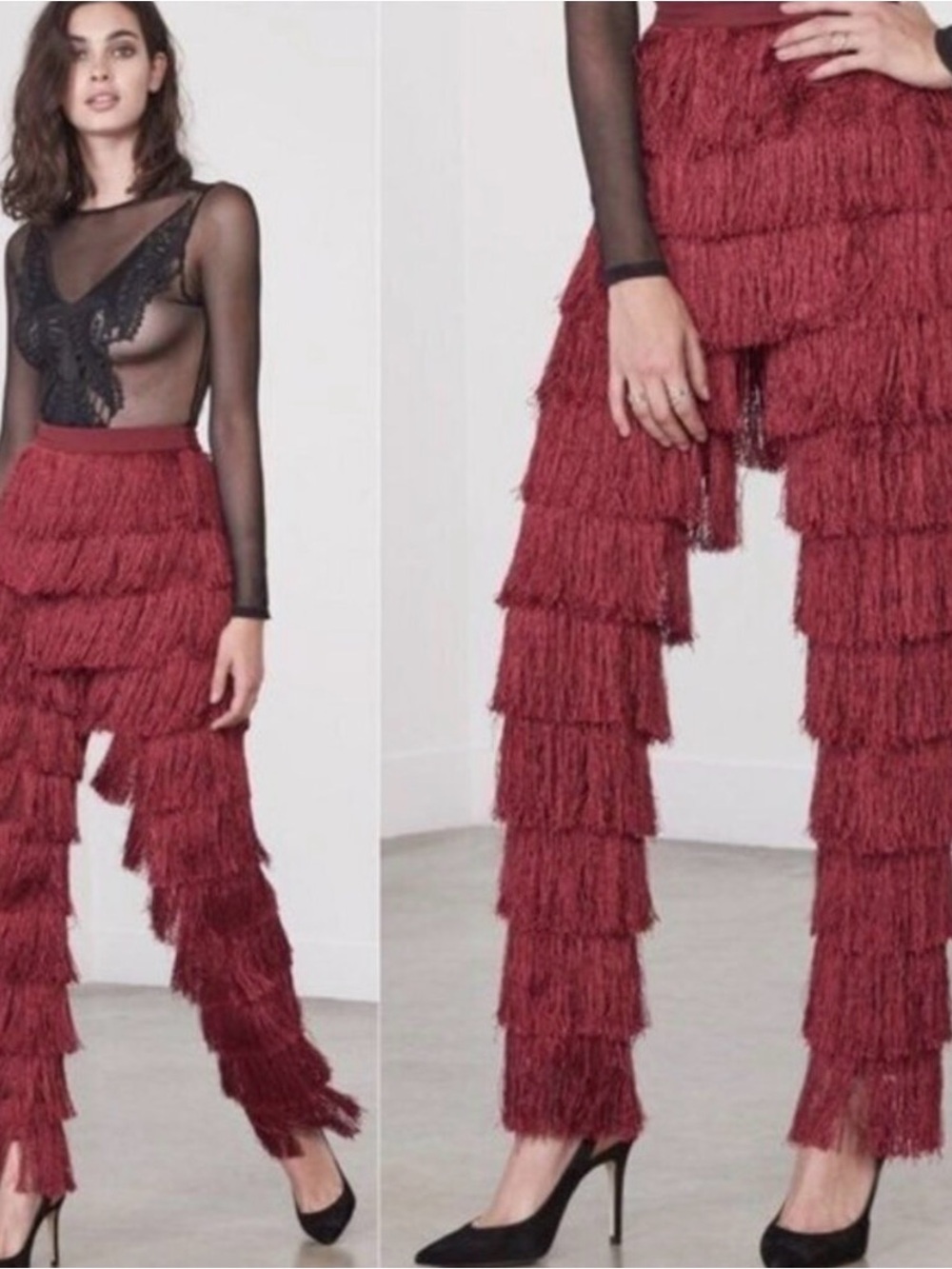 NWT Lavish Alice Burgundy Fringe high-waisted Straight-Leg fun Party Pants